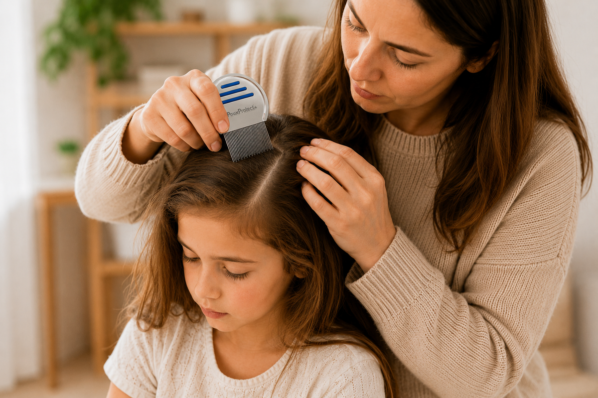 Parent inspectant les cheveux de son enfant assis, serviette sur les épaules