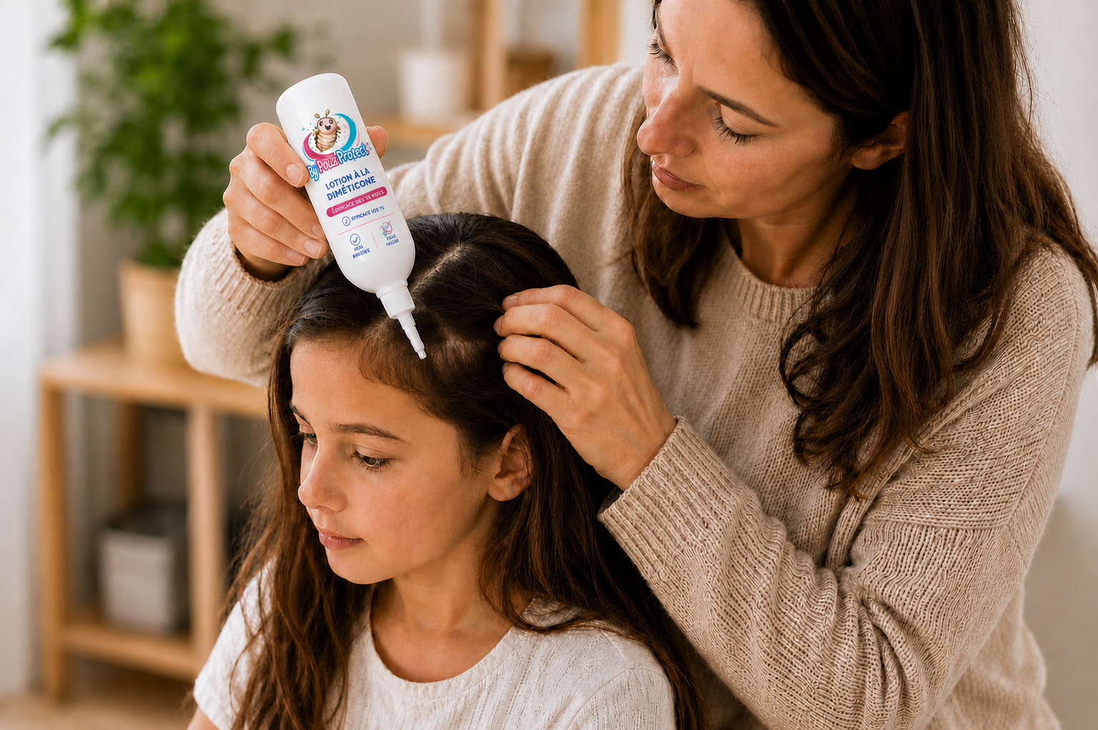 Parent séparant les mèches de cheveux de son enfant pour rechercher des poux